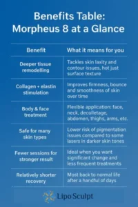 How Often Can I have Morpheus 8? 3 Table showing the benefits of Morpheus 8 treatment from Lipo Sculpt Byfleet